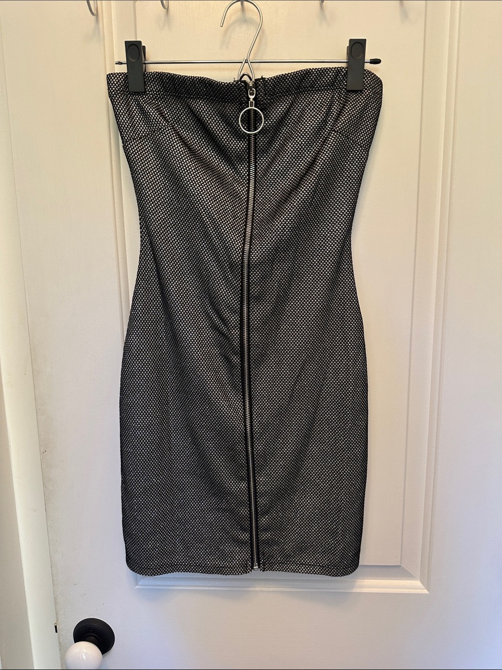 Strapless Black & White Zip-Front Bodycon Mini Dress